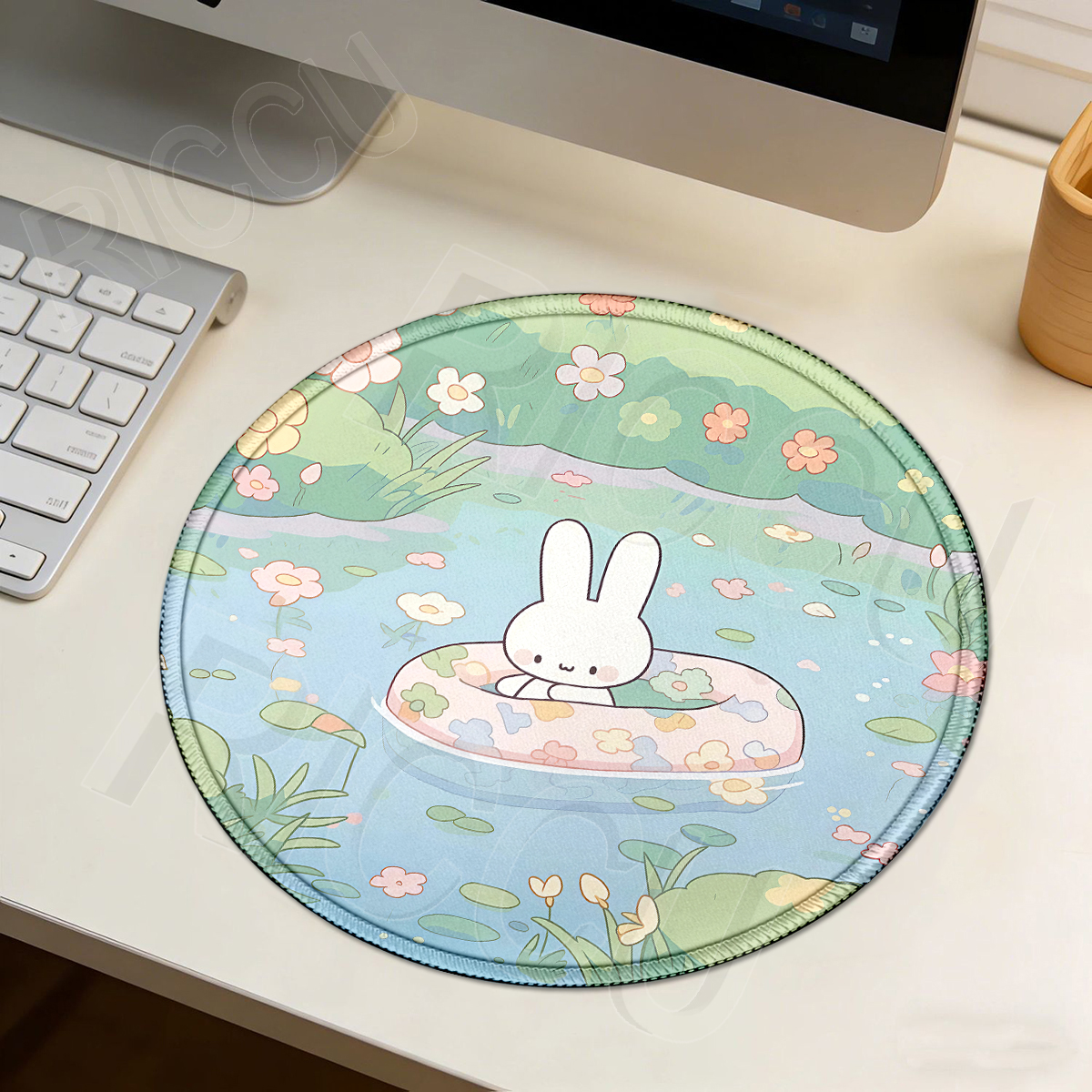 Pc Gaming White - Kawaii White Rabbit Round Mouse Pad